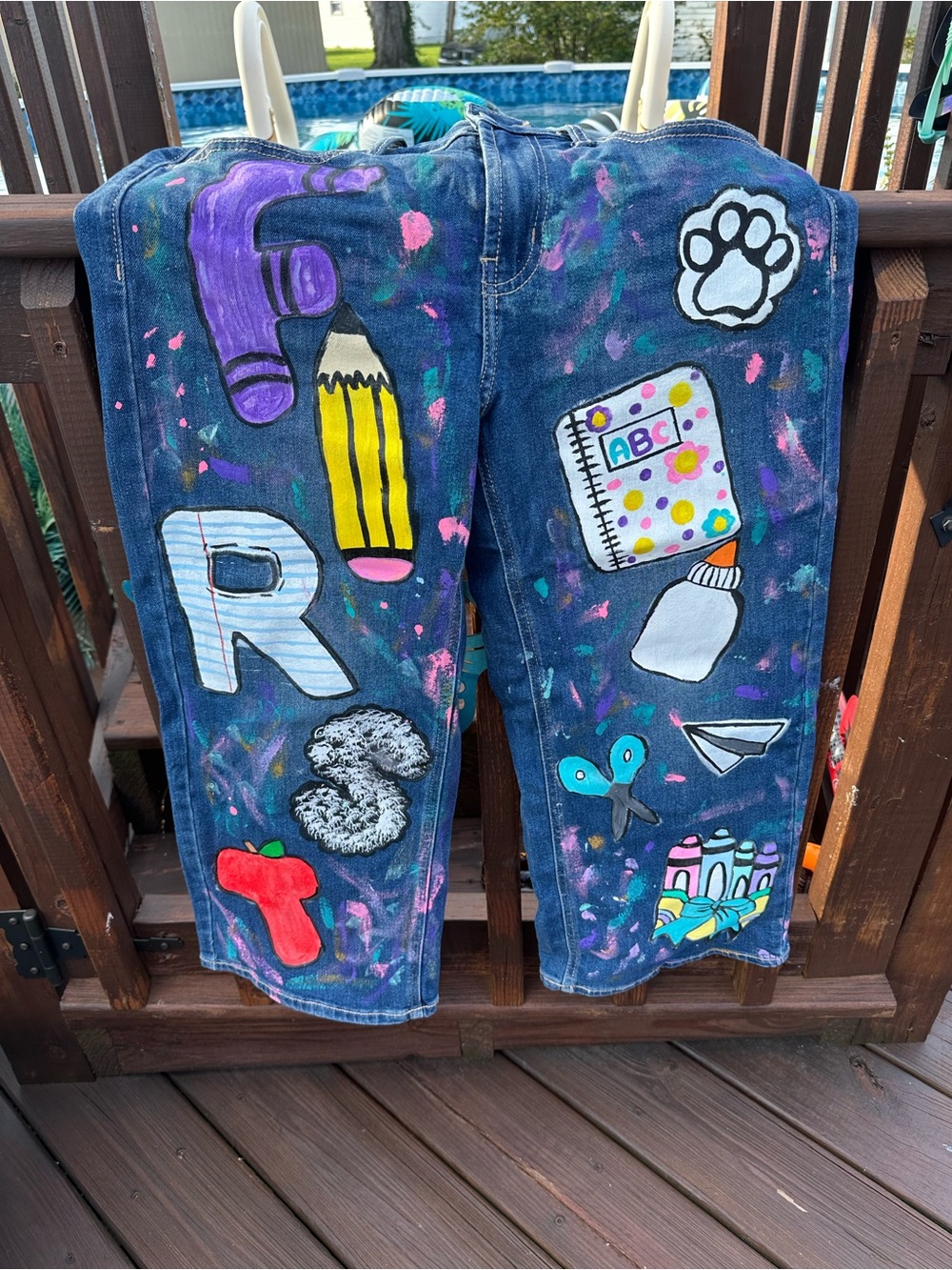 Custom Hand-Painted women’s Denim Art Pants - Blue with Colorful School Motifs